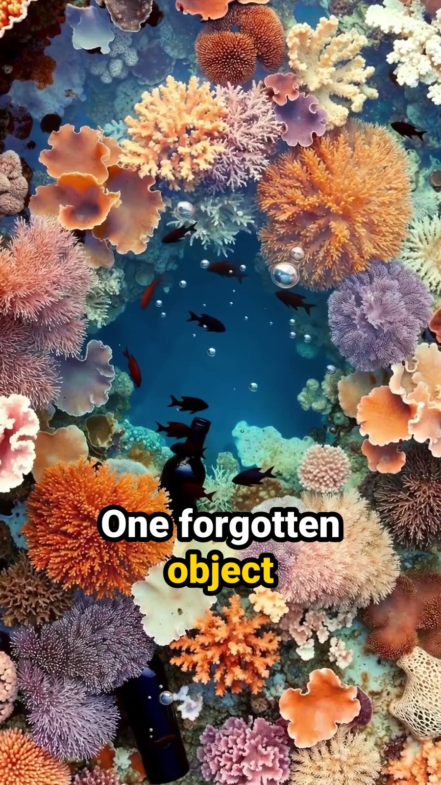 A colourful AI-grown coral reef surrounding a glass bottle